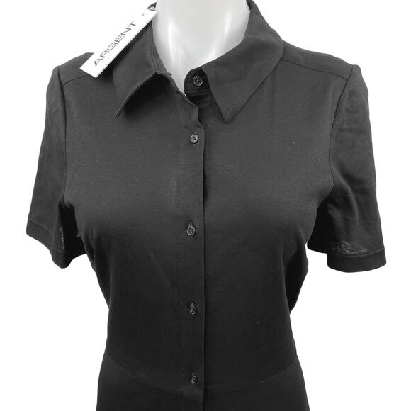 NEW Argent Black Knit Short Sleeve Button Front Polo Maxi Shirt Dress Size 10 - Picture 3 of 5